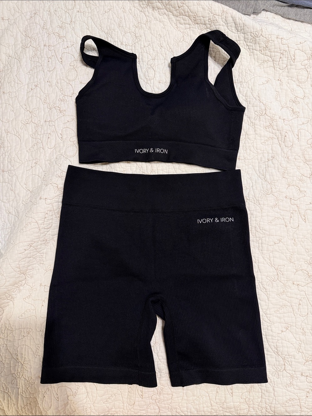 Ivory and Iron athletic Black Ribbed Bike Shorts and Crop Top/Sports Bra Set